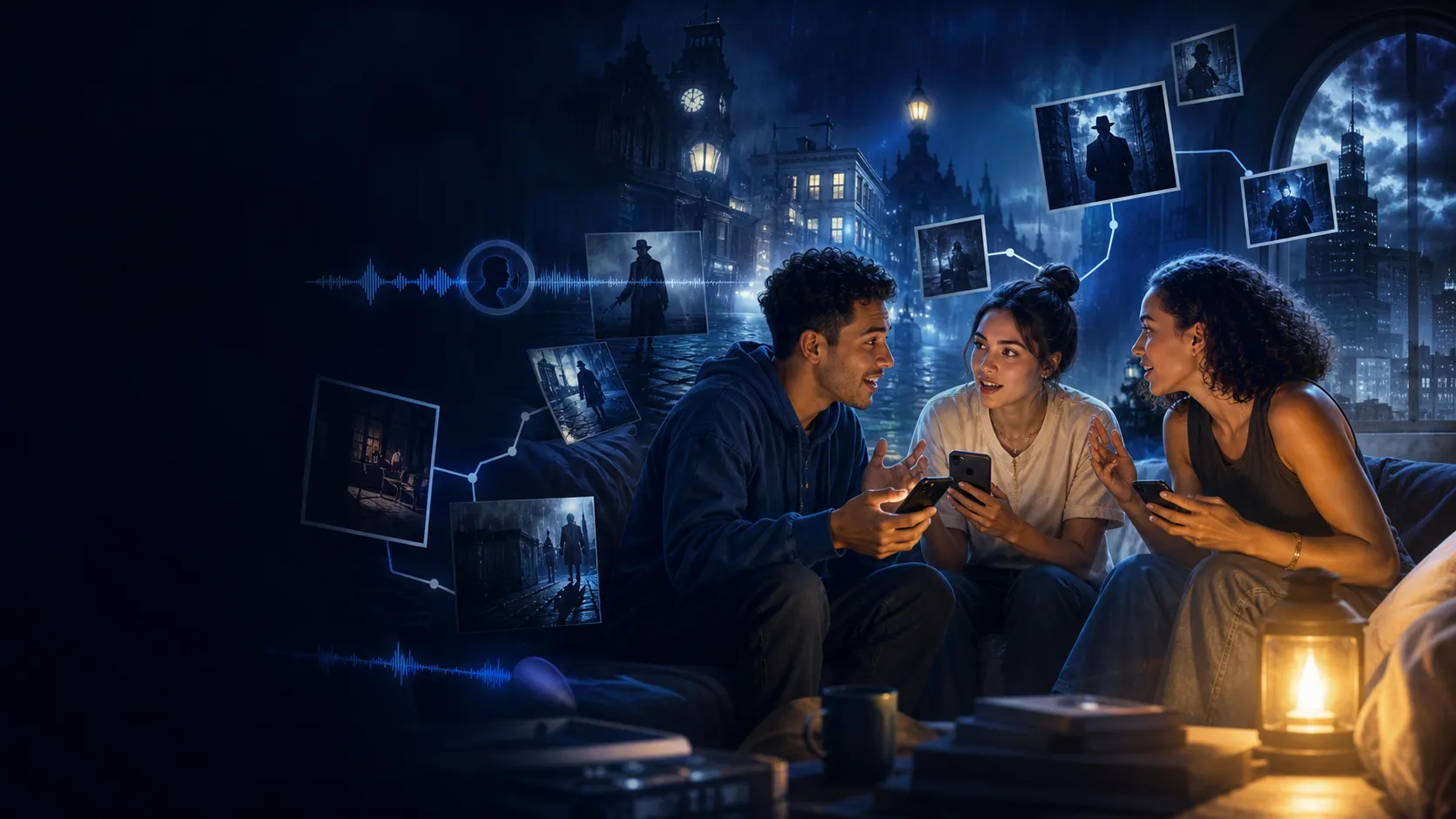 Friends speaking English inside an interactive story